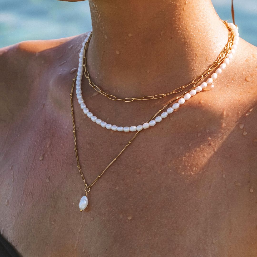 Damen Barockperlen Halskette Gold Süßwasserperle wasserfest hypoallergen Anhänger