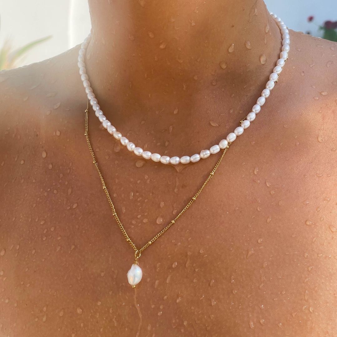 Damen Barockperlen Halskette Gold Süßwasserperle wasserfest hypoallergen Anhänger