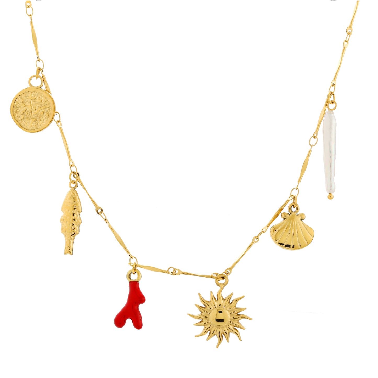 Damen Charm Halskette Gold mit Perle Muschel Sonne Fisch Anhängern wasserfest