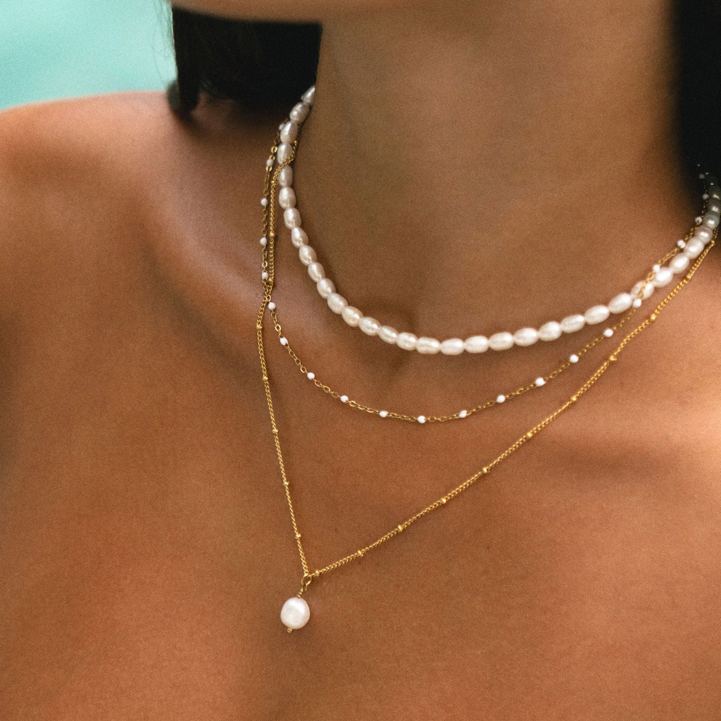 Damen Choker Halskette Weiß Gold Perlenoptik wasserfest hypoallergen