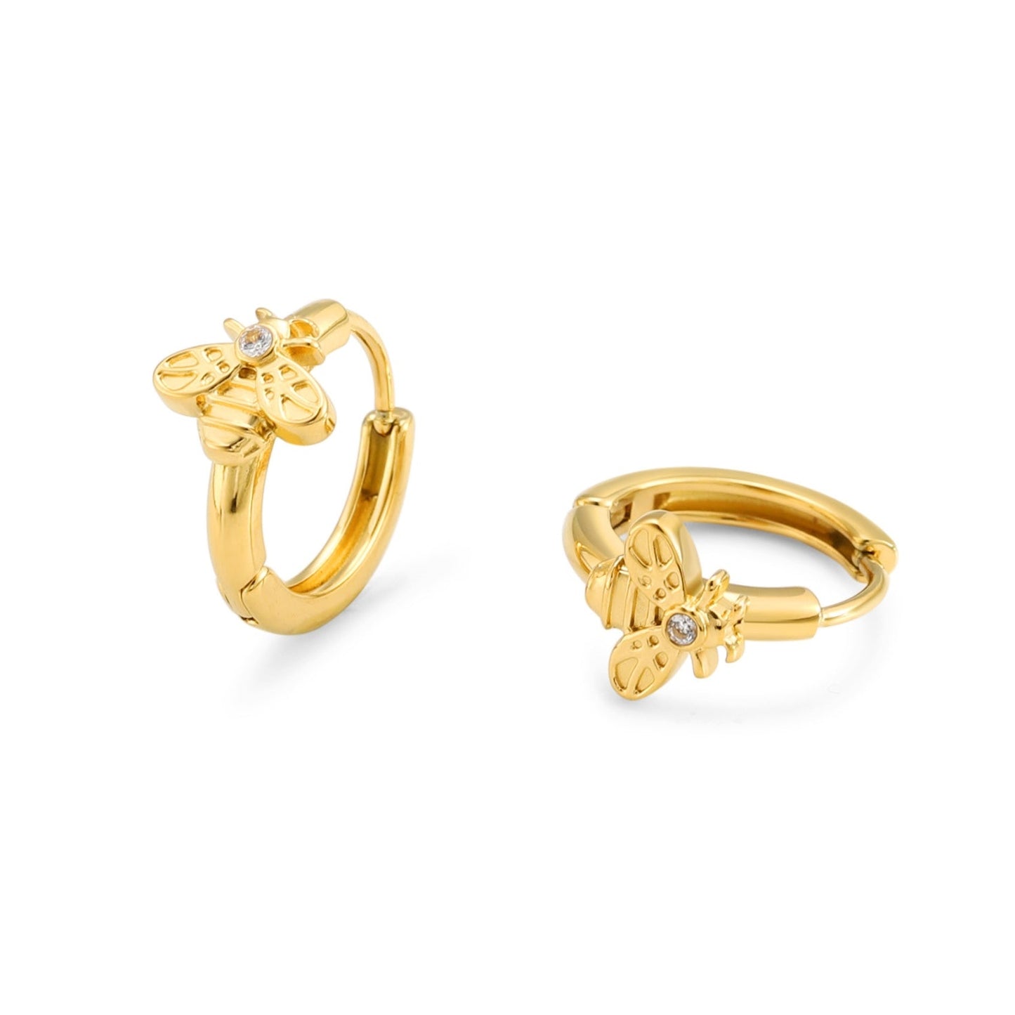 Damen Huggie Creolen Gold mit Bienenmotiv und Zirkon wasserfest hypoallergen