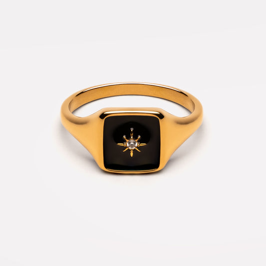 Damen Ring Schwarz Gold mit Zirkon, wasserfest, hypoallergen