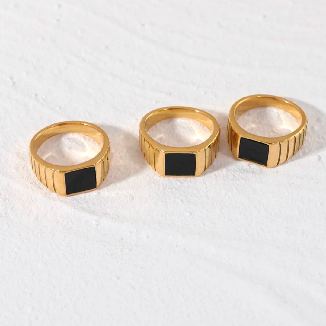 Damen Ring Schwarz Onyx Goldfarben Wasserfest Statement Schmuck