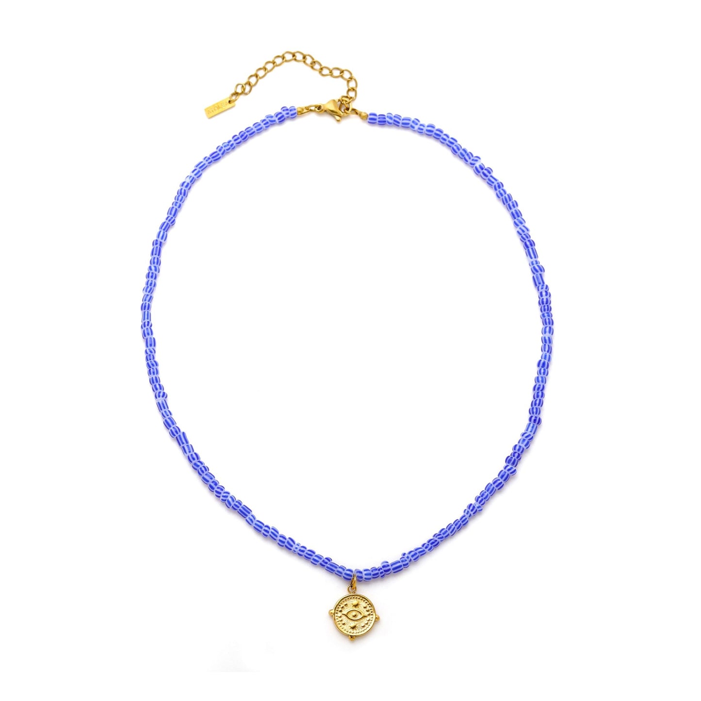 Damen Perlen Choker Blau Weiß Gold mit Rundem Anhänger wasserfest