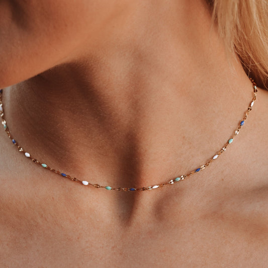 Damen Choker Halskette Gold Emaille Blau Weiß wasserdicht hypoallergen