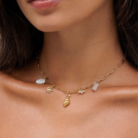 Damen Charm Halskette Gold mit Muschel Sonne Süßwasserperlen und Naturstein