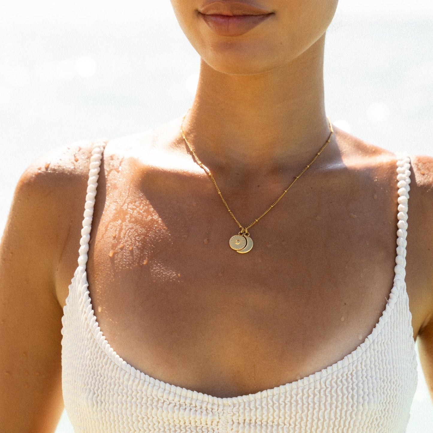 Damen Sonne Mond Kette Gold mit Anhängern wasserfest Edelstahl