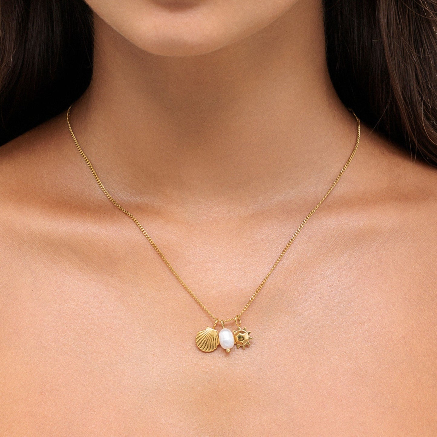 Damen Halskette Gold Muschel Sonne Süßwasserperle wasserdicht hypoallergen