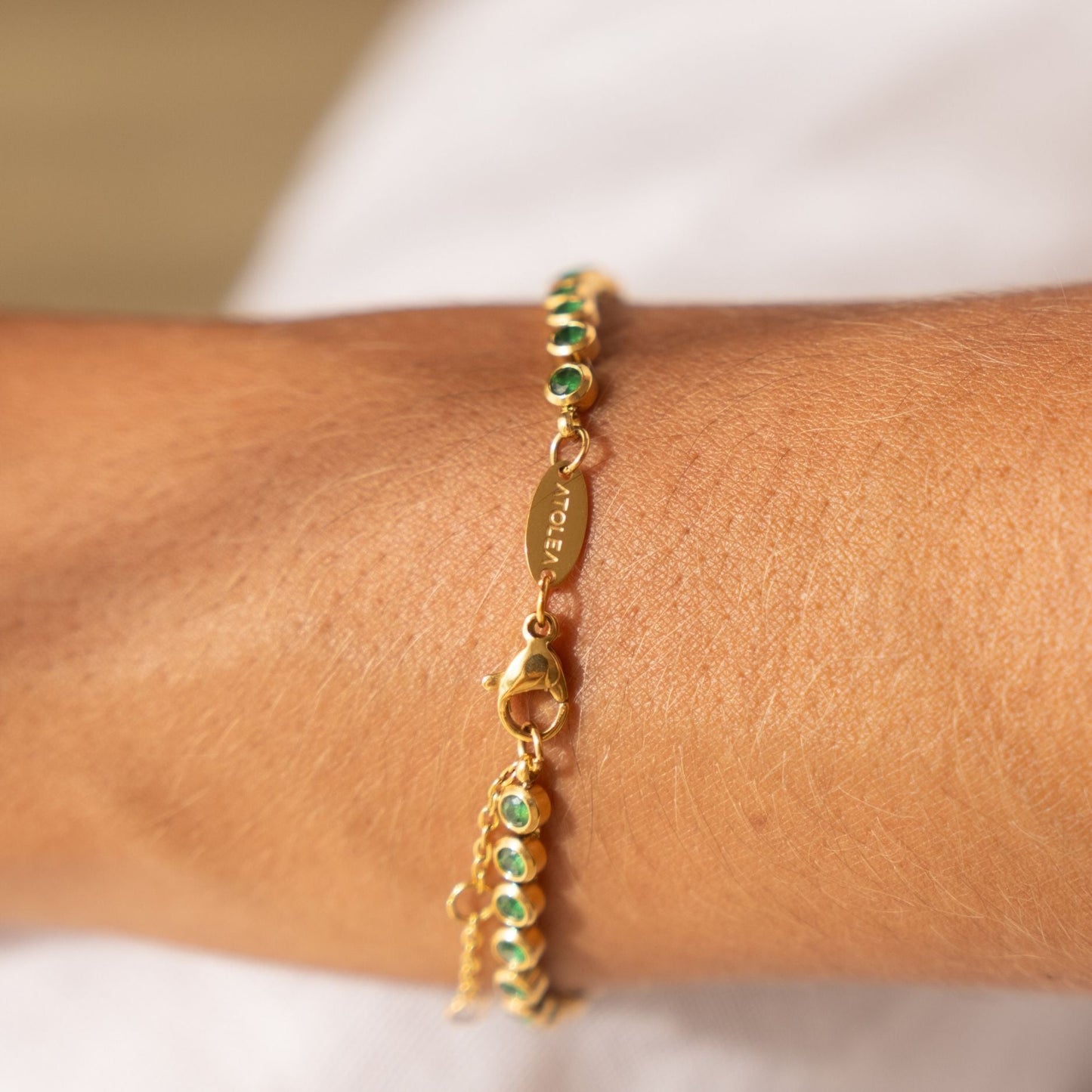 Damen Tennis Armband Grün Gold mit Zirkonsteinen verstellbar wasserfest hypoallergen