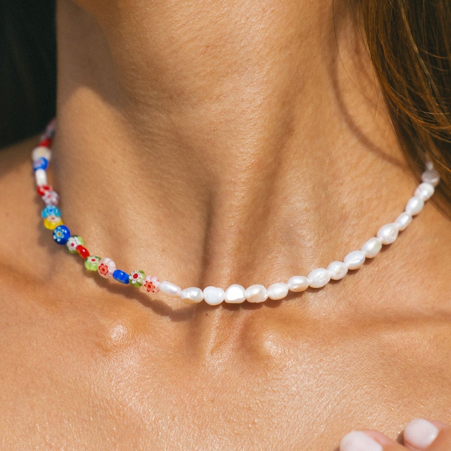 Damen Blumen Choker Bunt mit Süßwasserperlen Gold wasserfest Halskette