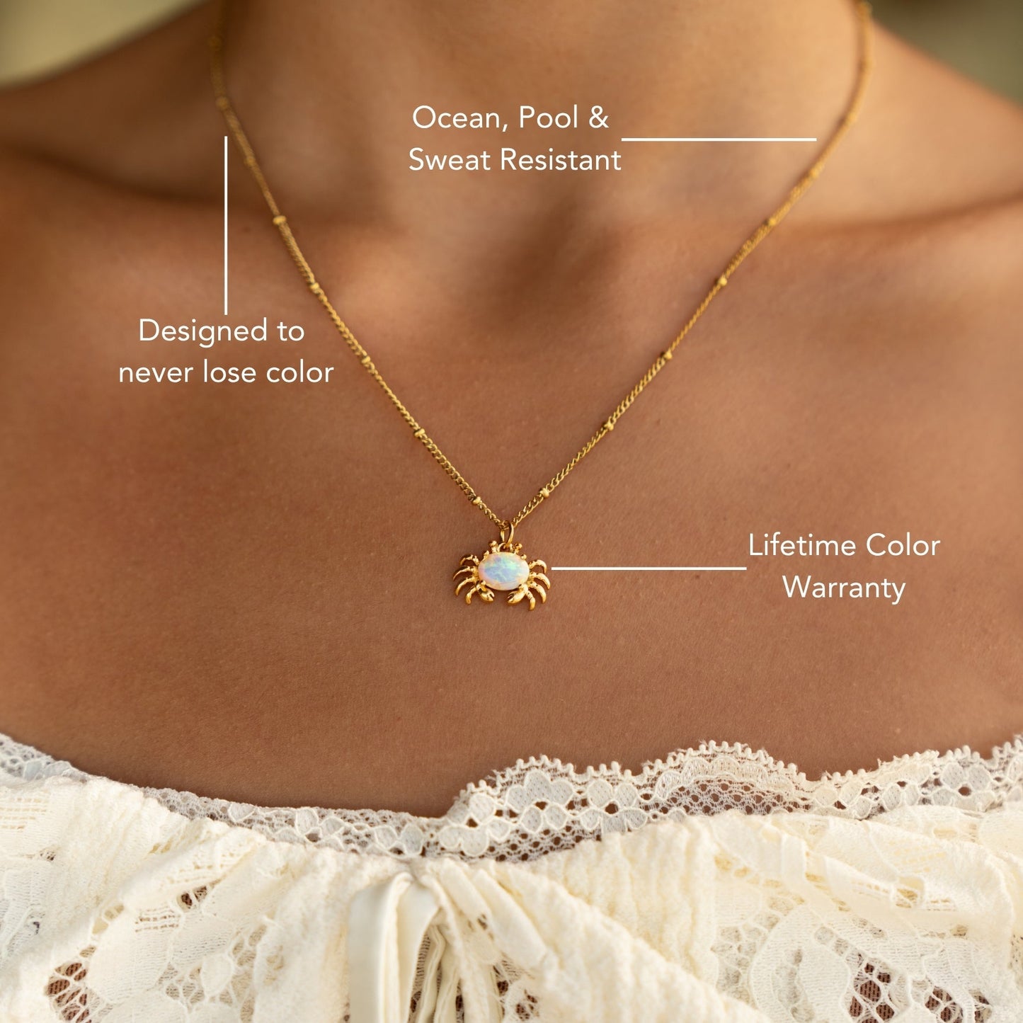 Damen Krebs Kette Gold mit Opal Anhänger wasserfest Edelstahl