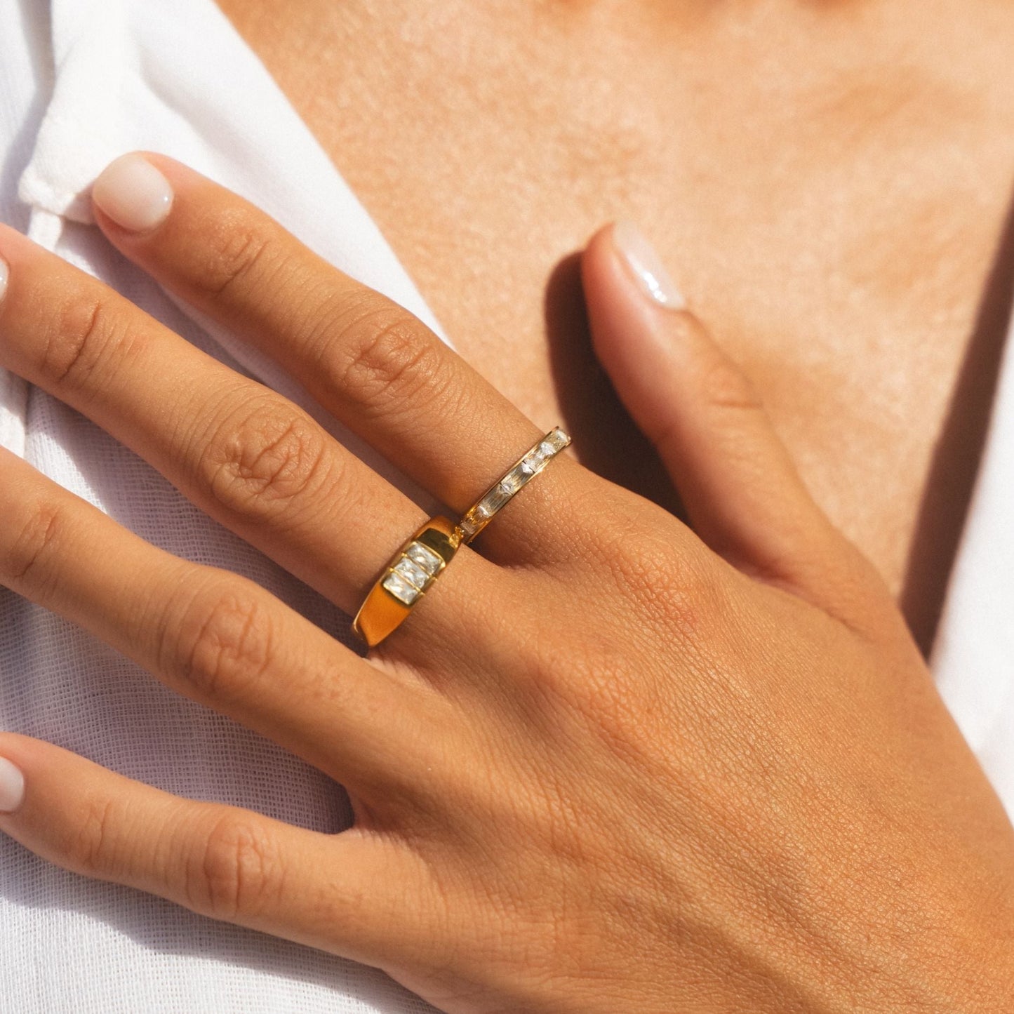 Damen Ring Gold mit weißem Zirkon, Baguette-Schliff, wasserdicht, hypoallergen