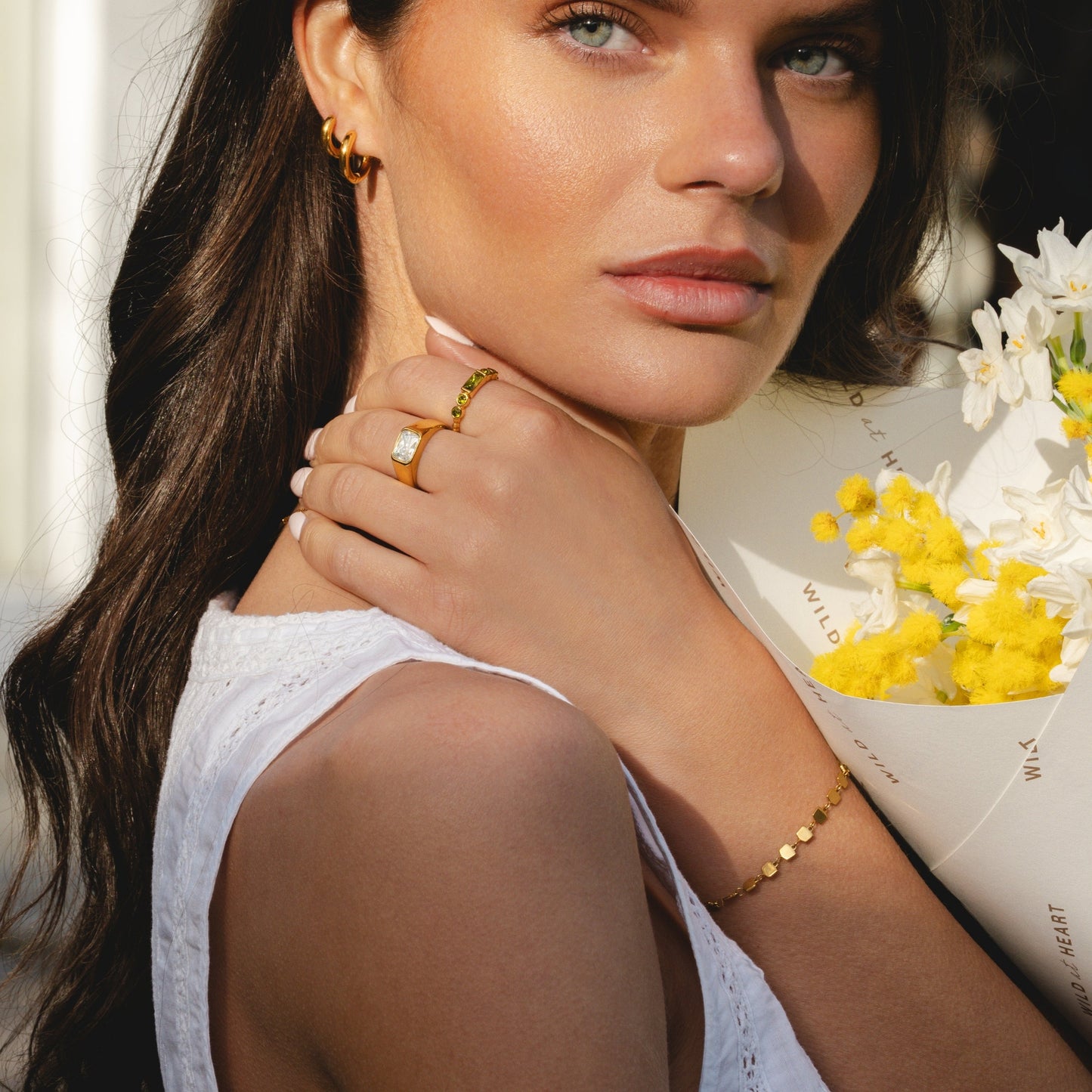 Damen Ring Gold mit Zirkon, breiter Edelstahlring, wasserfest, hypoallergen