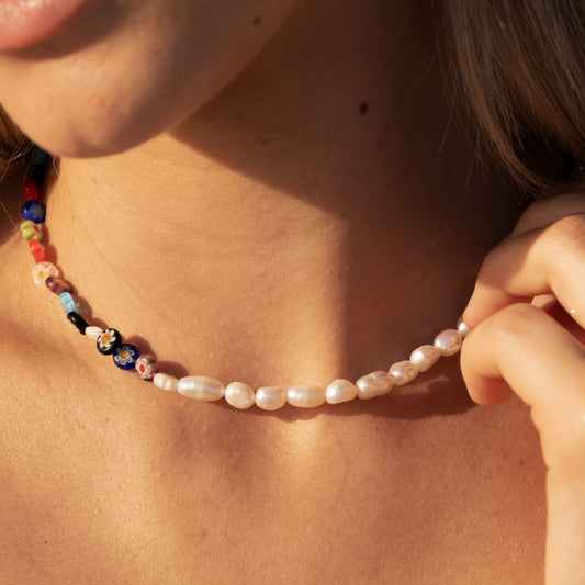 Damen Blumen Choker Bunt mit Süßwasserperlen Gold wasserfest Halskette