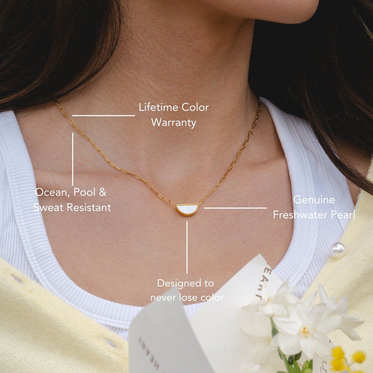 Damen Perlmutt Choker Gold wasserfest mit Anhänger Paperclip Kette