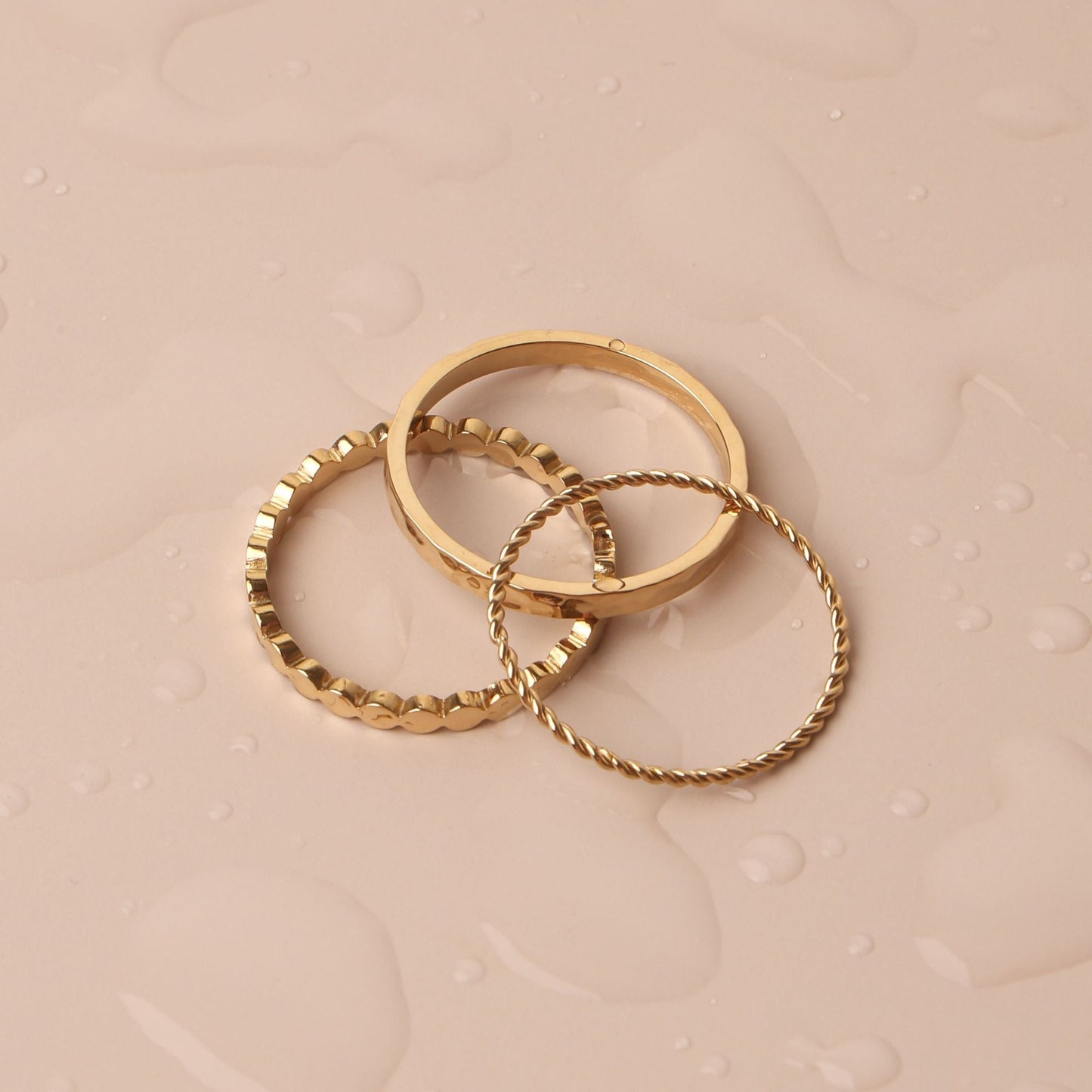 Damen Ring Set Gold 3-teilig gehämmert gedreht Perlen Design wasserfest