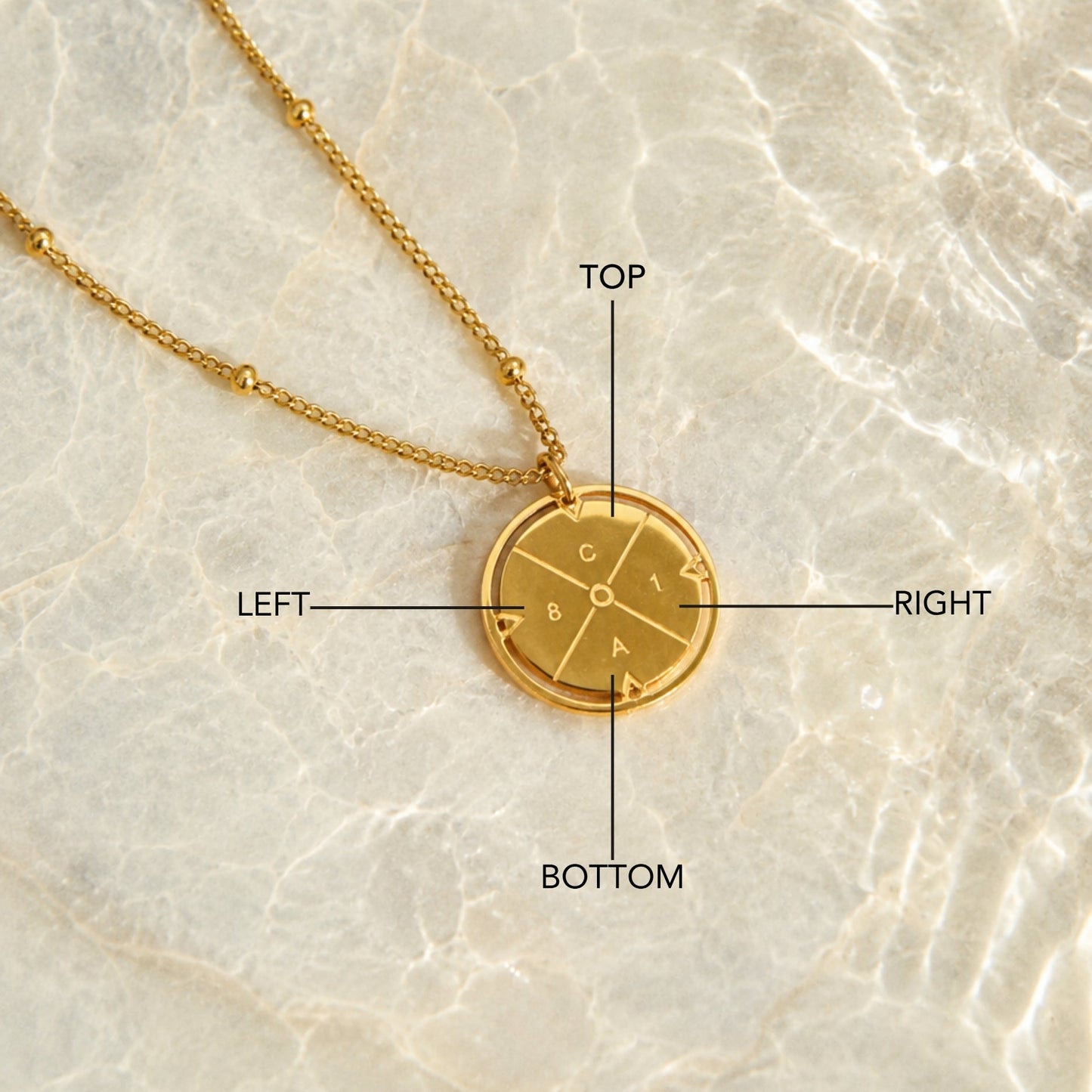Damen Kompass Kette Gold personalisiert mit 4 Initialen wasserfest Edelstahl