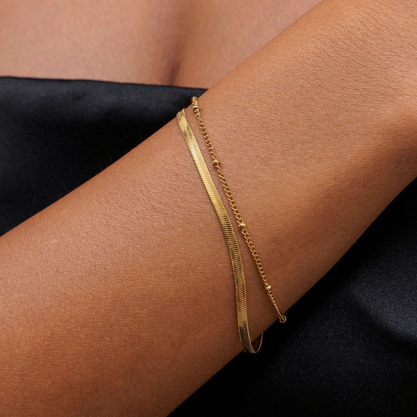 Damen Layering Armband Gold Herringbone Perlenkette verstellbar wasserfest