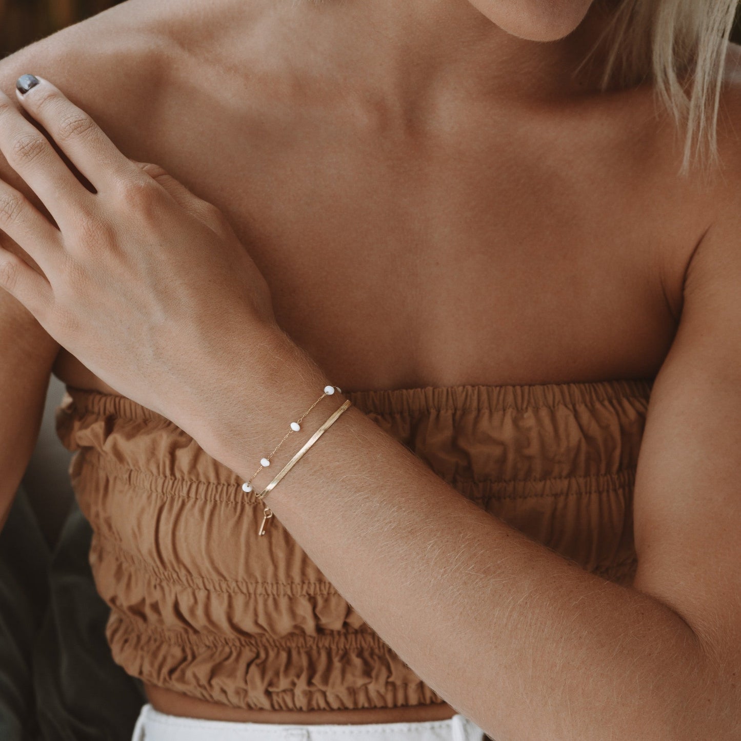 Damen Layering Armband gold Perlen Edelstahl wasserfest