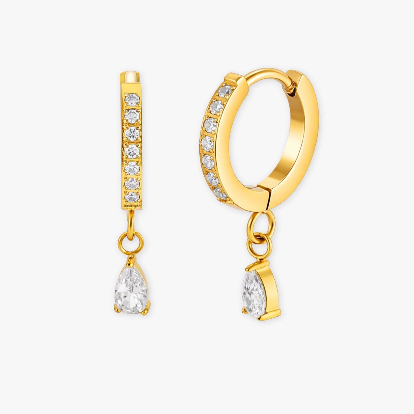 Damen Huggie Creolen gold Zirkonia Tropfen Edelstahl wasserfest