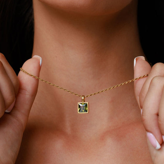 Damen Grüne Halskette Gold mit Zirkon Anhänger wasserfest Rope Chain