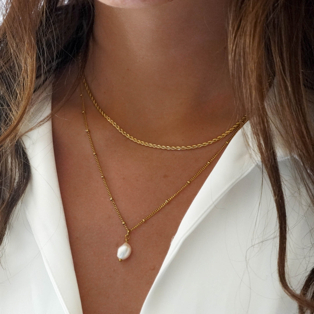 Damen Schmuckset Gold Halskette Choker Barockperlen Anhänger wasserfest 2-teilig