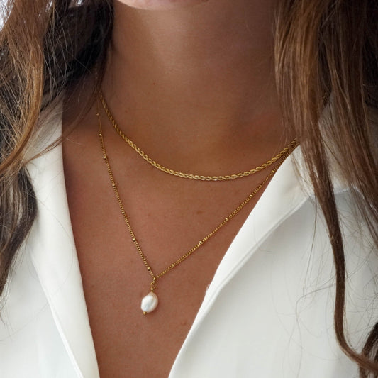 Damen Schmuckset Gold Halskette Choker Barockperlen Anhänger wasserfest 2-teilig