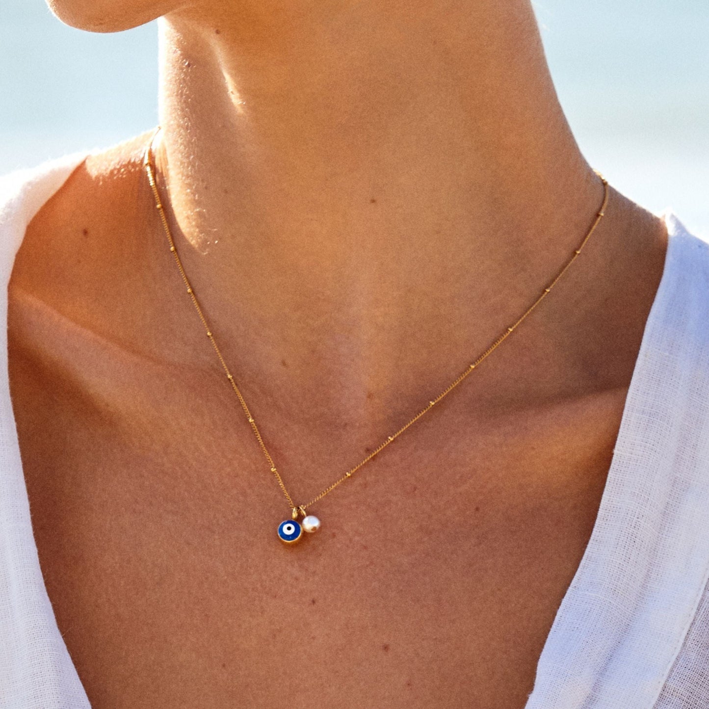 Damen Halskette Gold Nazar Auge Anhänger Süßwasserperle wasserdicht hypoallergen