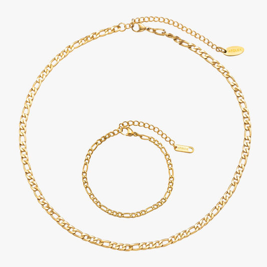 Damen Schmuckset Gold Figaro Halskette Armband wasserfest 2-teilig