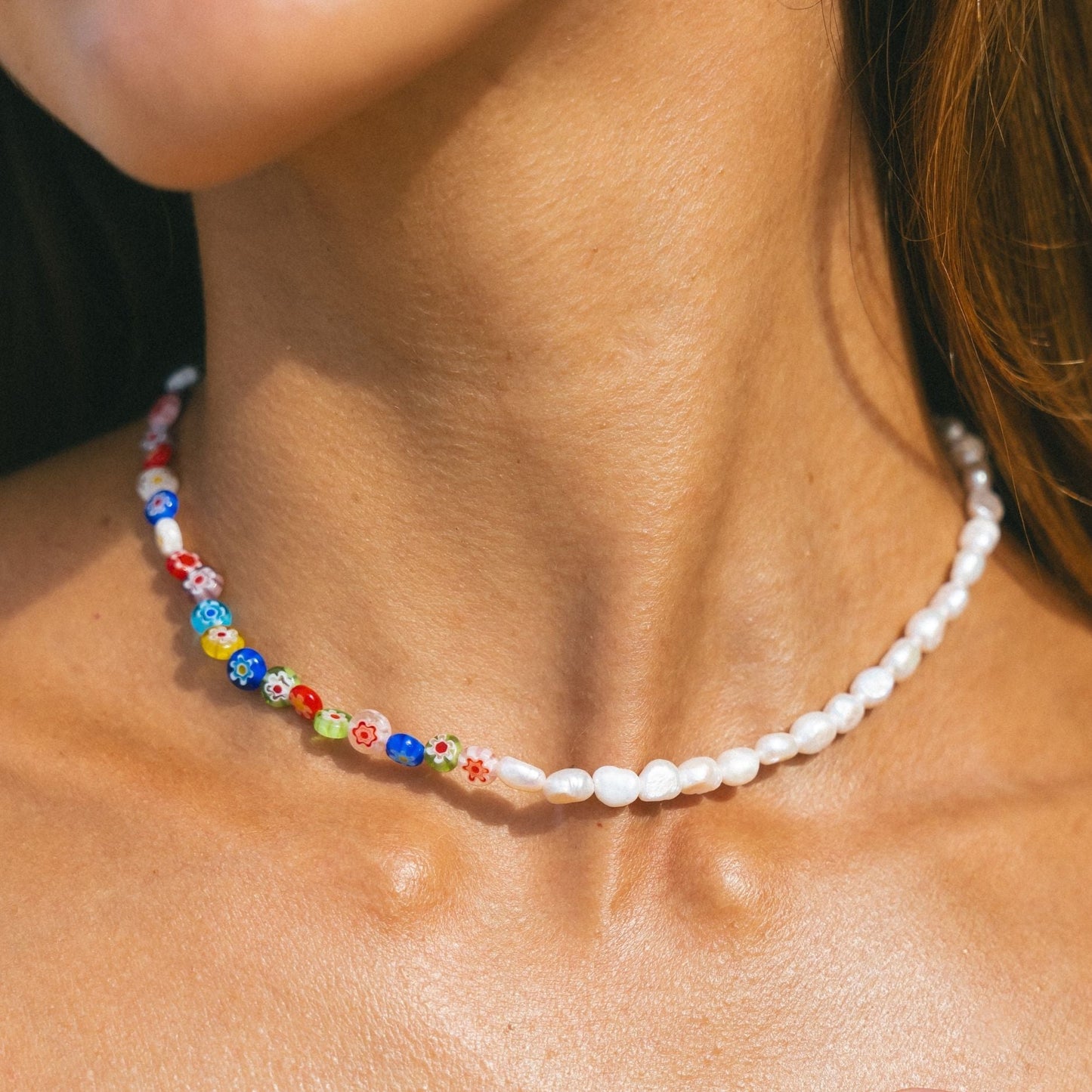 Damen Blumen Choker Bunt mit Süßwasserperlen Gold wasserfest Halskette