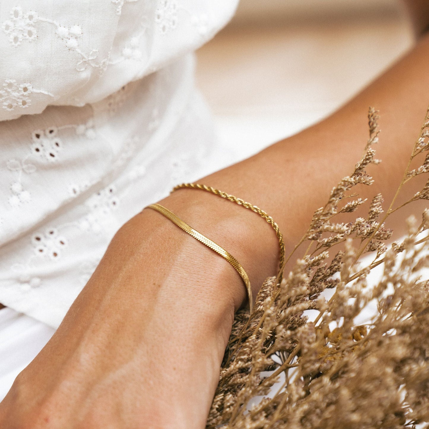 Damen Layering Armband Gold Herringbone Rope doppellagig wasserfest