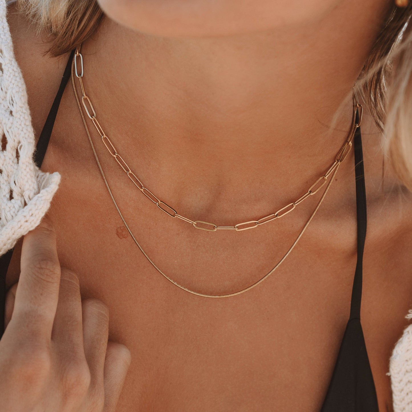 Damen Layered Halskette Gold Paperclip Choker und Snake Chain wasserfest