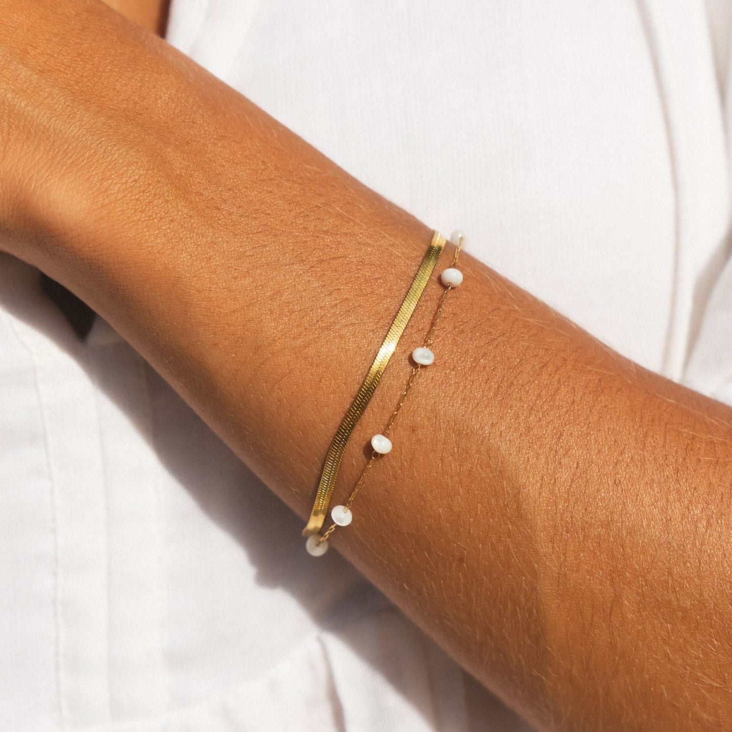 Damen Layering Armband gold Perlen Edelstahl wasserfest