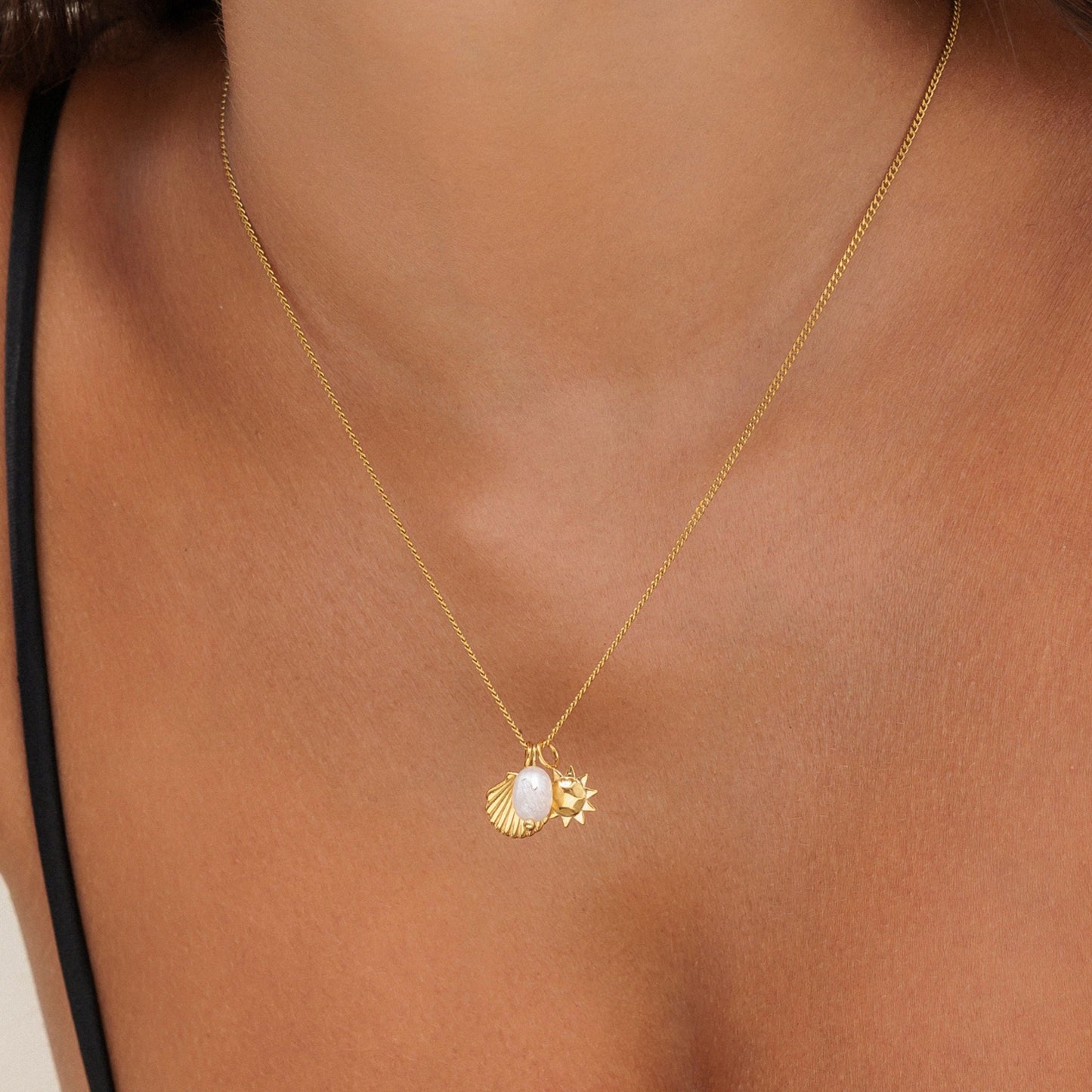 Damen Halskette Gold Muschel Sonne Süßwasserperle wasserdicht hypoallergen