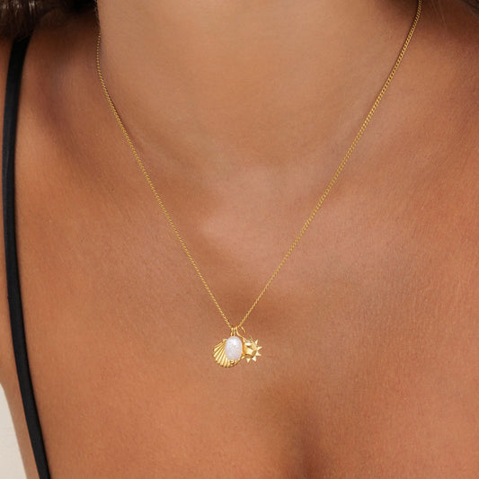 Damen Halskette Gold Muschel Sonne Süßwasserperle wasserdicht hypoallergen