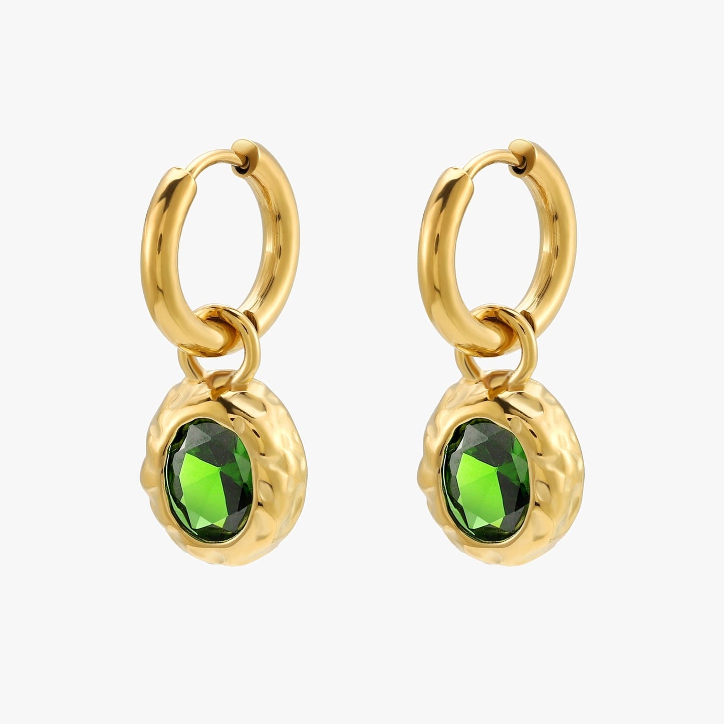 Damen Creolen Ohrringe Gold mit grünem Zirkon Huggie wasserfest hypoallergen