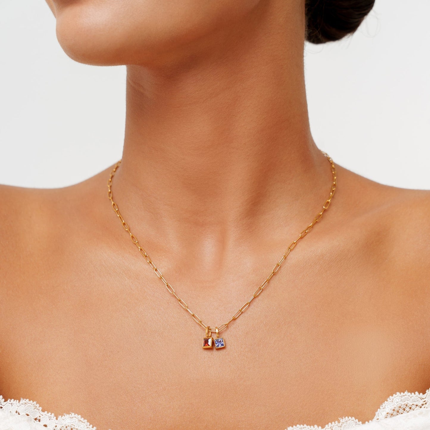 Damen Paperclip Kette Gold mit Geburtsstein Anhänger personalisiert wasserfest