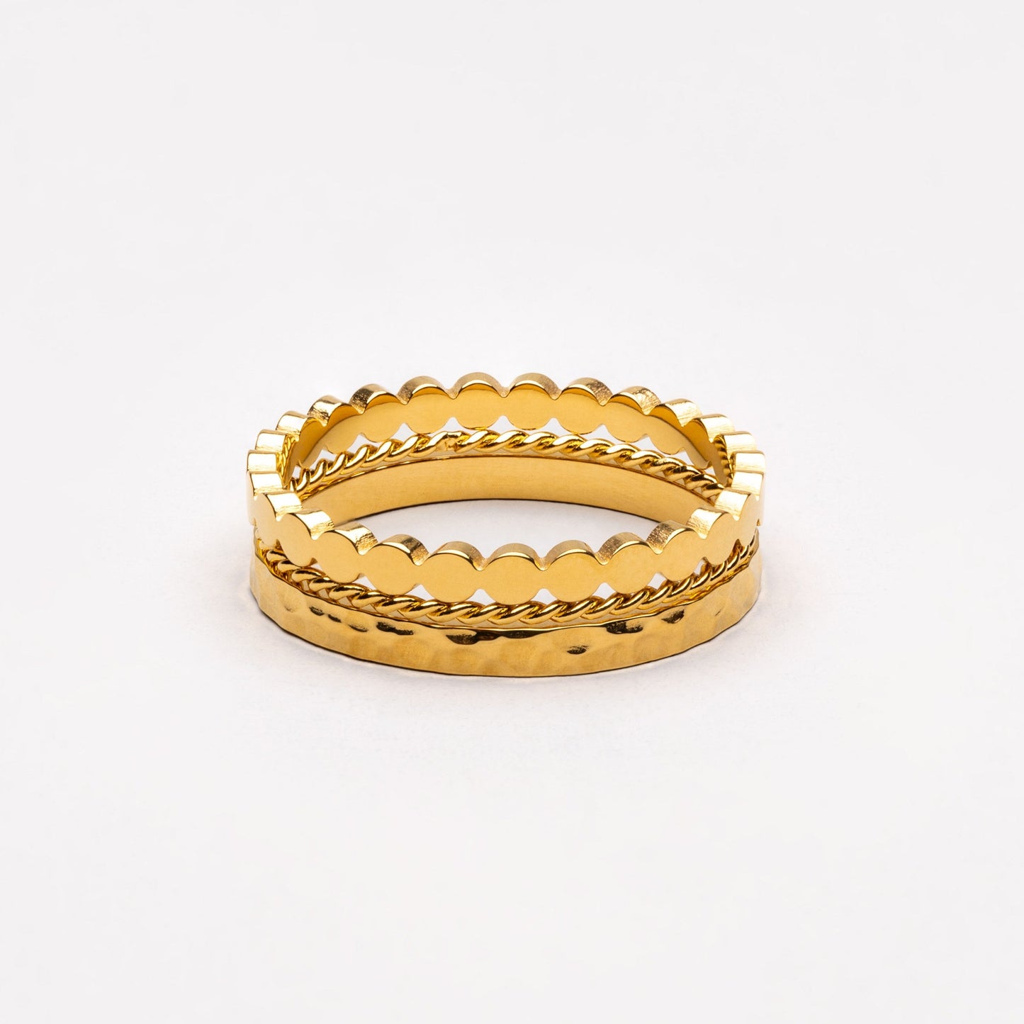 Damen Ring Set Gold 3-teilig gehämmert gedreht Perlen Design wasserfest
