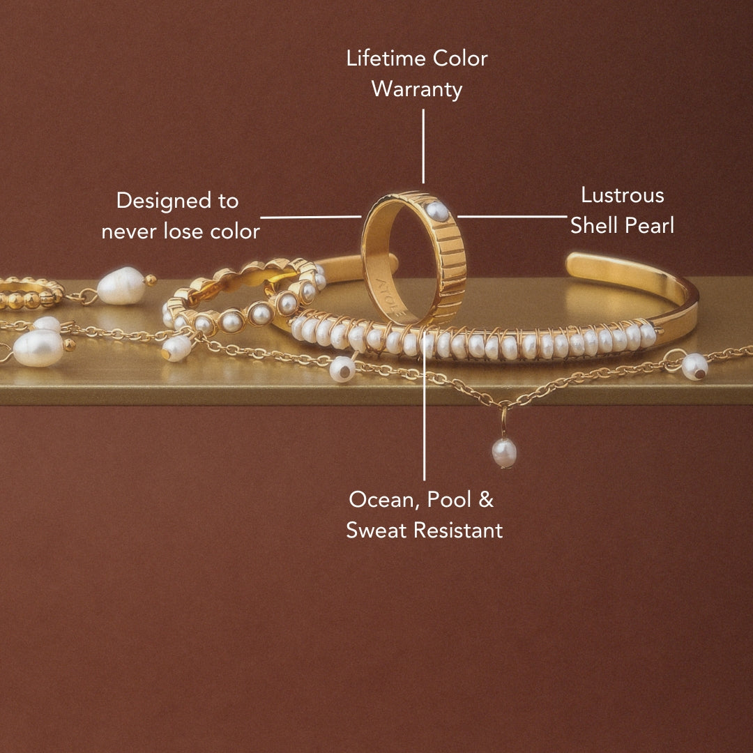 Damen Ring Gold mit Muschelperle, gerilltes Design, wasserfest, hypoallergen