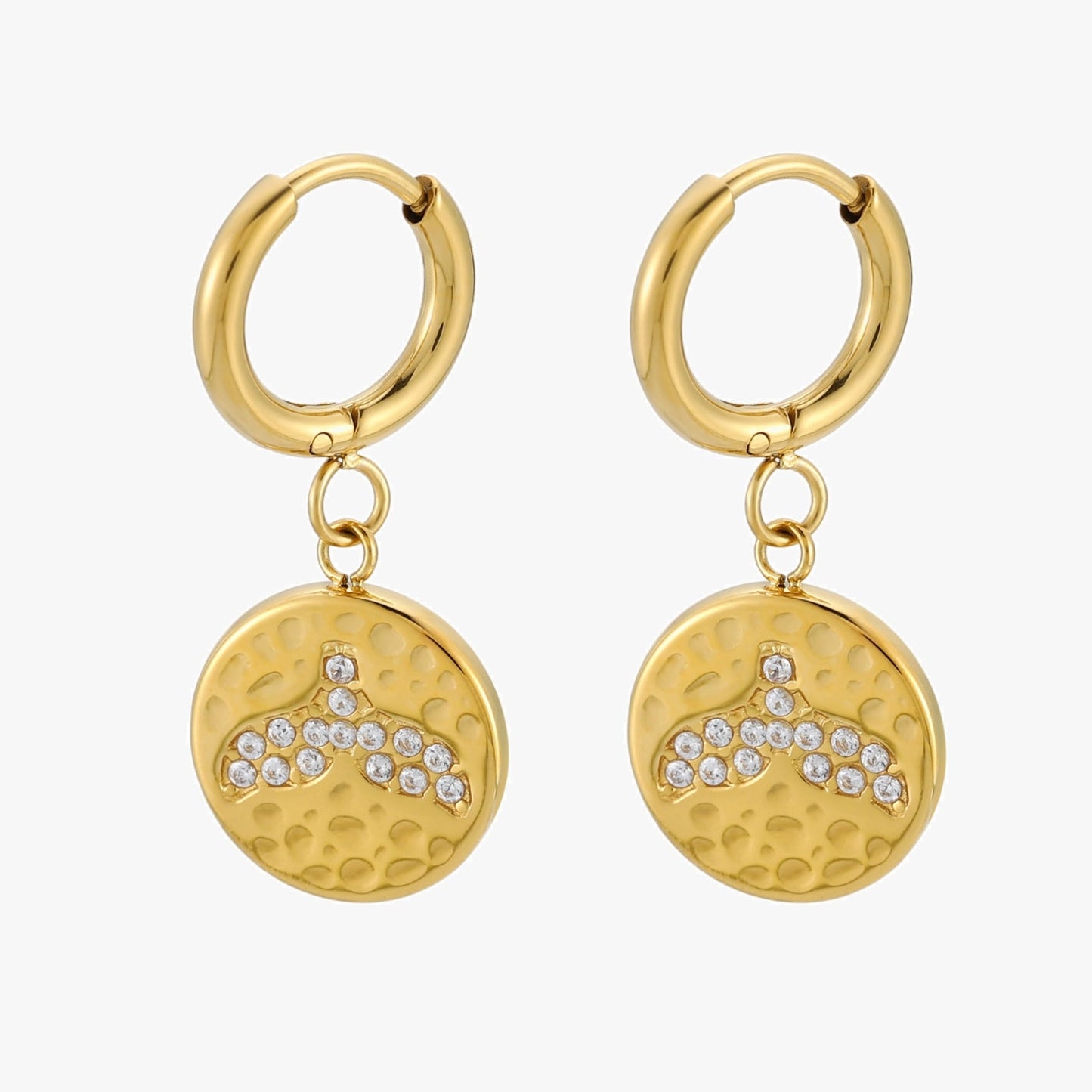 Damen Huggie Creolen Gold mit Walflossen Anhänger und Zirkon wasserfest hypoallergen