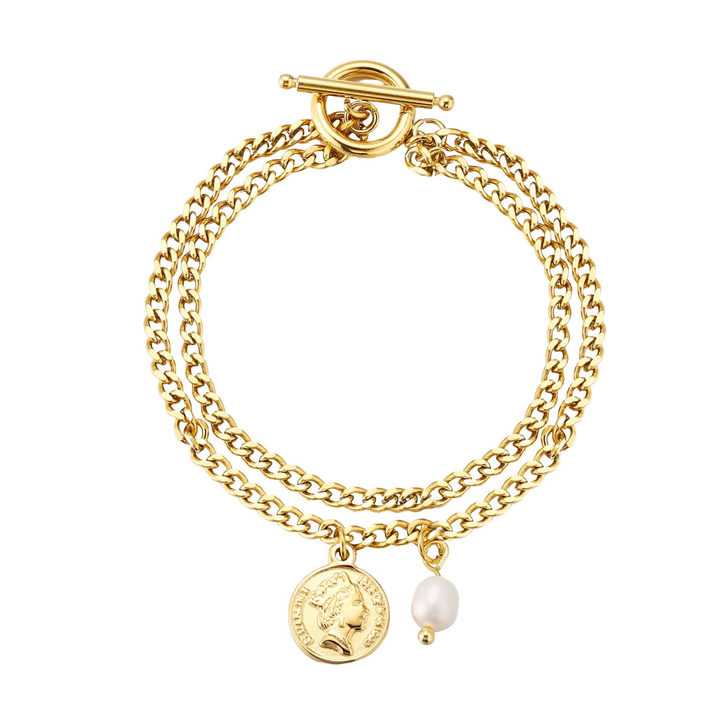 Damen Armband Gold mit Münzanhänger und Süßwasserperle wasserfest hypoallergen Doppelkette