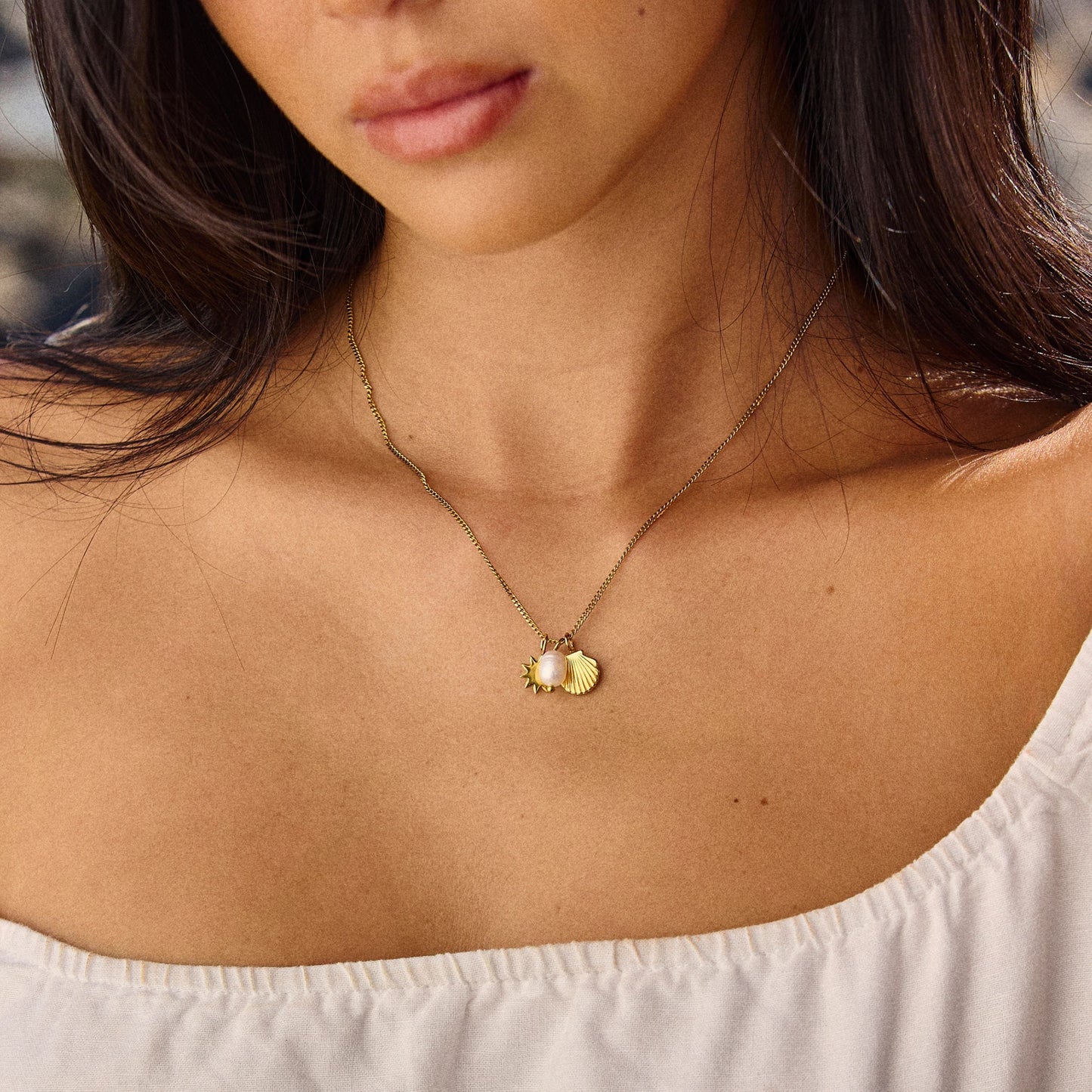 Damen Halskette Gold Muschel Sonne Süßwasserperle wasserdicht hypoallergen