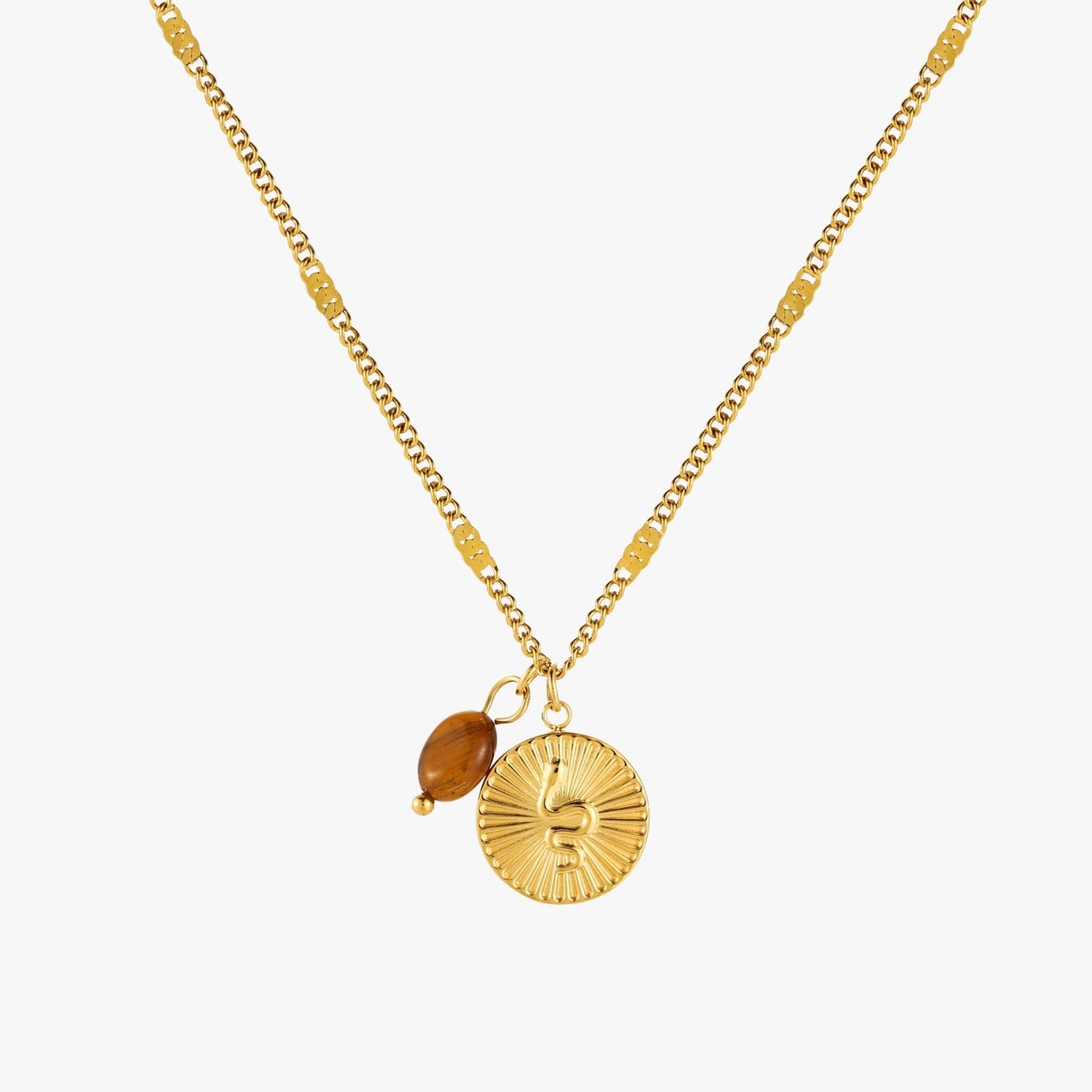 Damen Schlangen Kette Gold mit Tigerauge Anhänger wasserfest Edelstahl