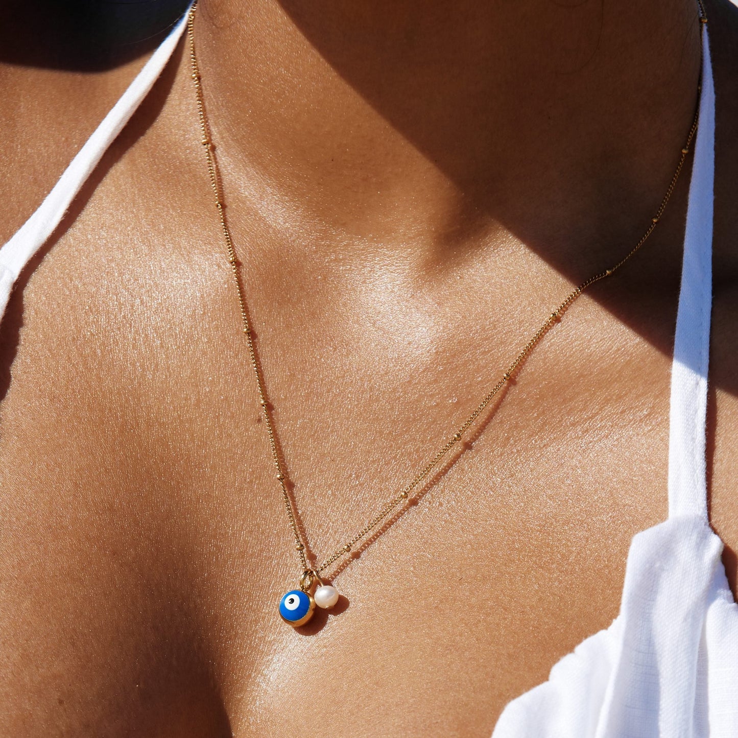 Damen Halskette Gold Nazar Auge Anhänger Süßwasserperle wasserdicht hypoallergen