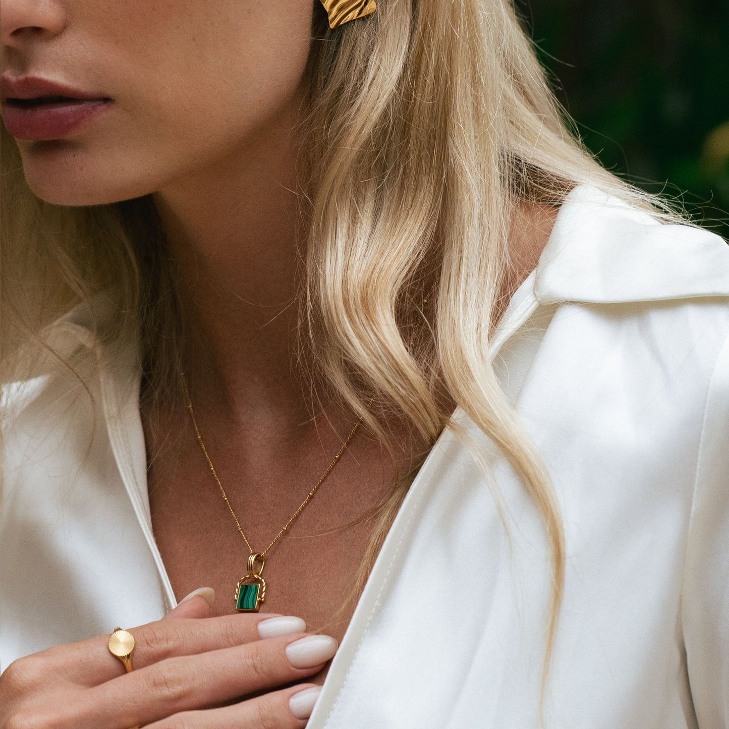 Damen Halskette Gold Malachit Anhänger grün wasserdicht hypoallergen