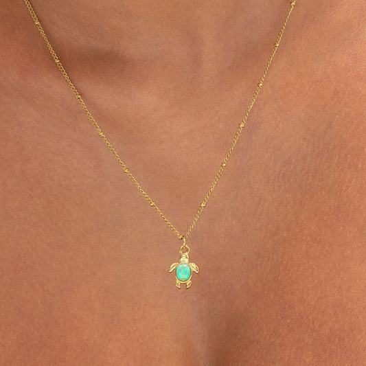Damen Schildkröten Halskette Gold Opal Anhänger wasserfest hypoallergen