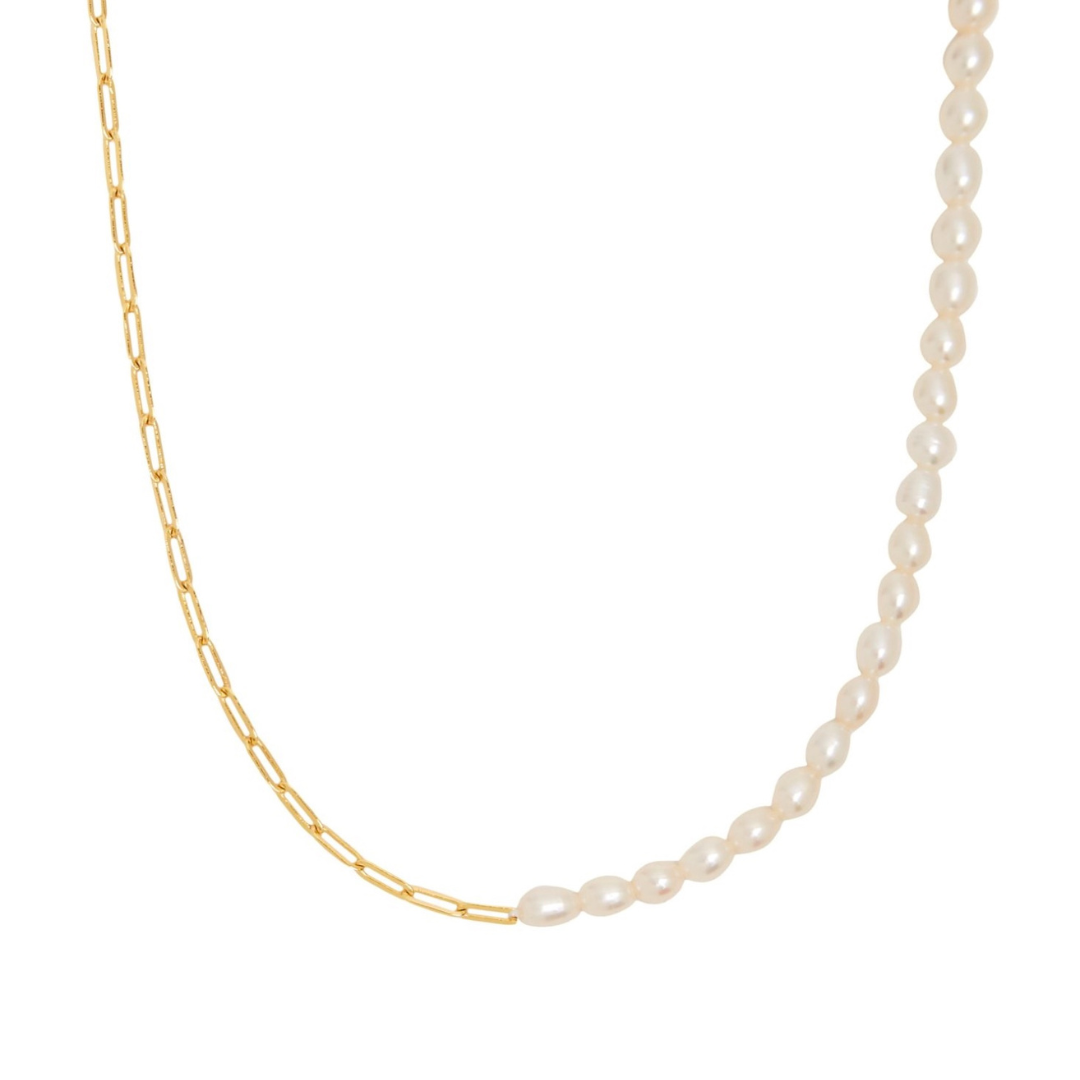 Damen Perlen Halskette Gold mit Süßwasserperlen Paperclip Kette wasserfest