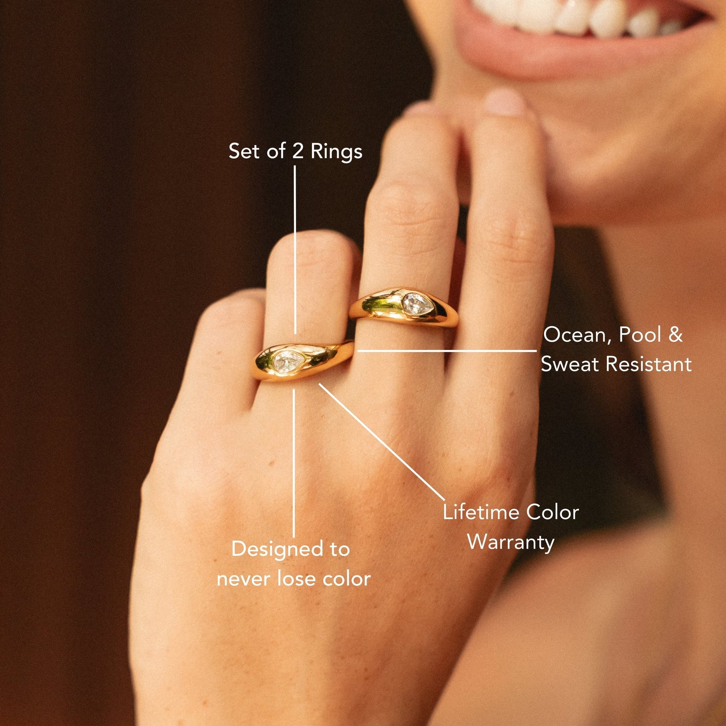 Damen Ring Set Gold wasserfest mit Zirkonen, hypoallergen