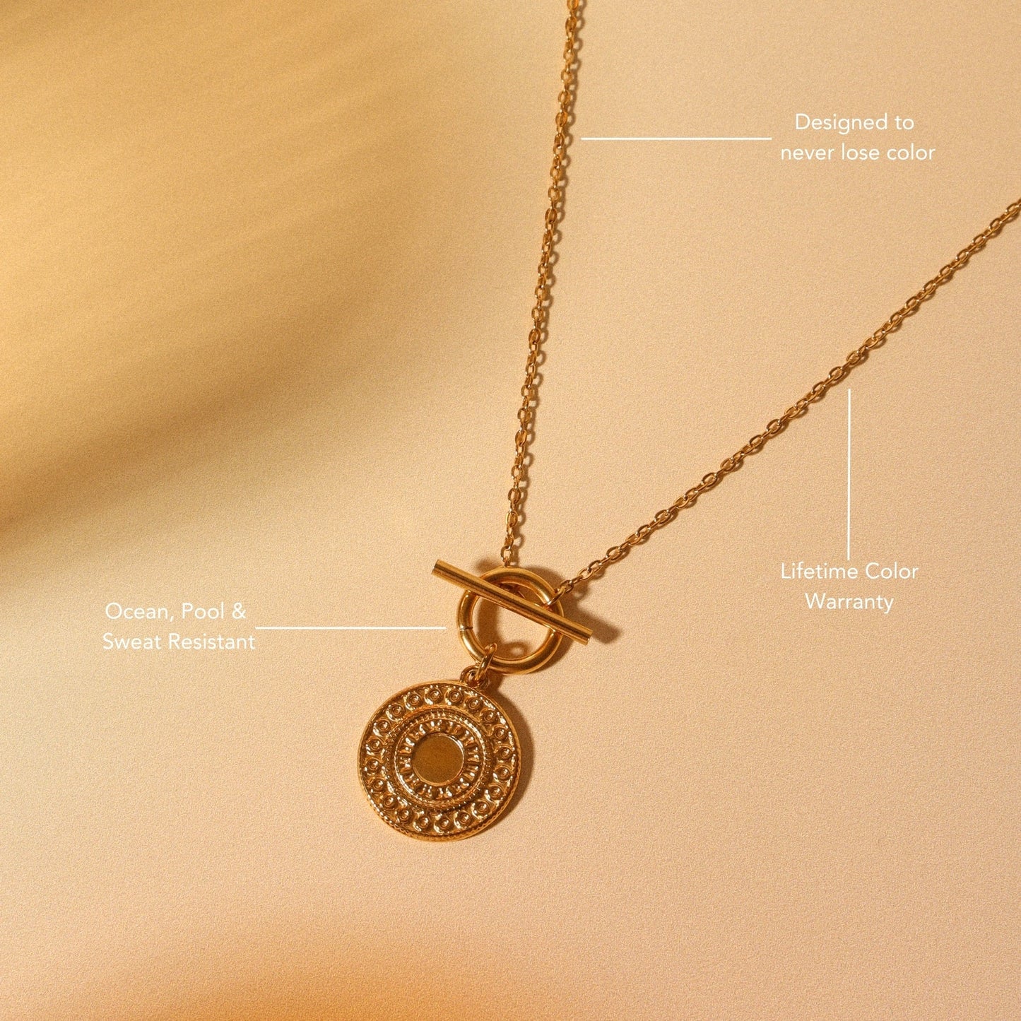 Damen Halskette Gold Münzanhänger Sonnenmotiv wasserdicht hypoallergen