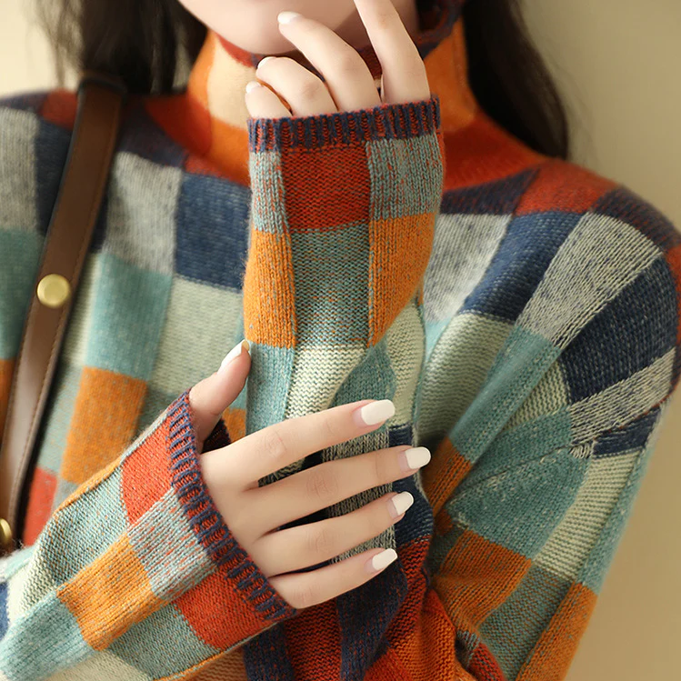 Damen Karierter Rollkragen-Pullover